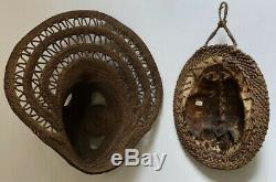 Papua New Guinea African Clay Turtle Shell Cowrie Woven Yam Mask Two Vintage