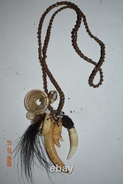Papua New Guinea Amulet Necklace, Dog/pig/croc Teeth, Shells, Feathers 16, 1900s