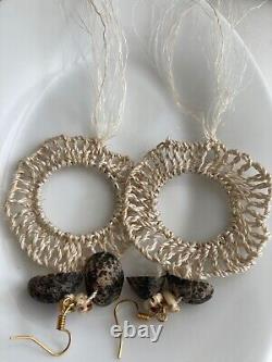 Papua New Guinea Bilum and Tolai tabu shell money earrings. Sacred currency