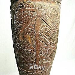Papua New Guinea Etched Engraved Carved Wood Drum 22 Tall Vintage Rare