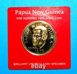 Papua New Guinea GOLD 100 Kina 90% Gold 1975 Attractive on Card of Issue