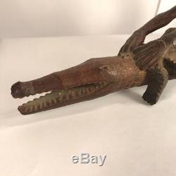 Papua New Guinea Islands Wood Carving Man on Crocodile Hand Carved Wood