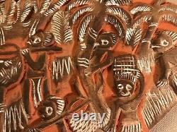 Papua New Guinea Large Carved & Painted Relief Wooden Storyboard Kambot Village