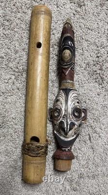 Papua New Guinea Sepik River Carved Flute with Bamboo Tube Tribal Oceanic Art