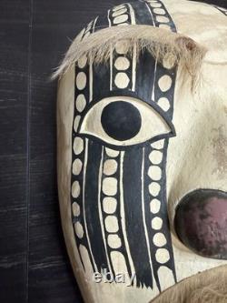 Papua New Guinea Sepik River Tribal Mask Hand Carved Wood with Animal Hair 12