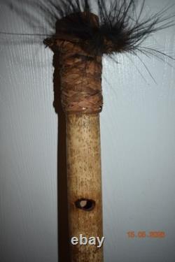 Rare Huge Papua New Guinea Bamboo Flute, Feathers Both Ends 56 1900s