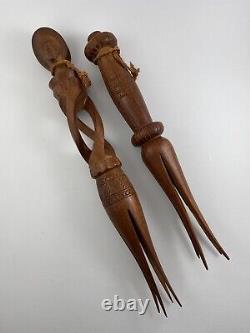 Set Of 2 CANNIBAL FORK FIJI PAPUA NEW GUINEA Iculanibokola Wood Hand Carving /r