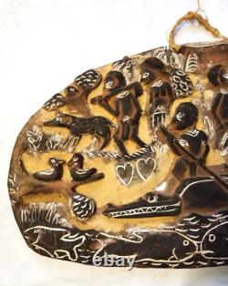 Story Board Carved Wood Panel Papua New Guinea Pyrography Pacific Art Crocodile