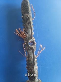Tribal Papua New Guinea Sepik River Three Faced Lime Stick Finial With Spatula