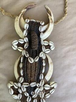 Vintage Oceanic Papua New Guinea Large Sepi Pectoral Tusk Shell Braided Necklace