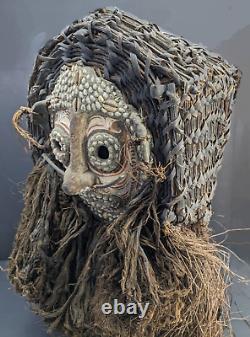 Vintage Papua New Guinea Basket Weave Helmet Mask Coconut Hair Cowrie Incredible