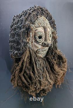 Vintage Papua New Guinea Basket Weave Helmet Mask Coconut Hair Cowrie Incredible