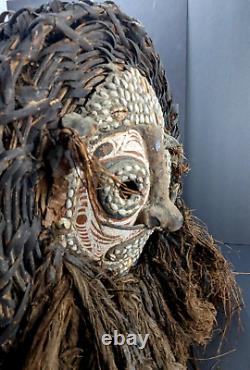 Vintage Papua New Guinea Basket Weave Helmet Mask Coconut Hair Cowrie Incredible