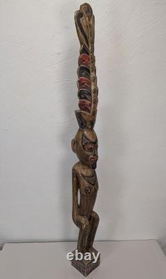 Vintage Papua New Guinea Carved Wood Hand Painted Statue Tribal Chief Tall 39in