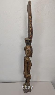 Vintage Papua New Guinea Carved Wood Hand Painted Statue Tribal Chief Tall 39in