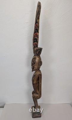Vintage Papua New Guinea Carved Wood Hand Painted Statue Tribal Chief Tall 39in