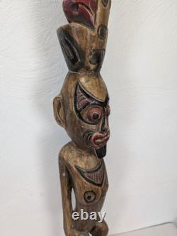 Vintage Papua New Guinea Carved Wood Hand Painted Statue Tribal Chief Tall 39in