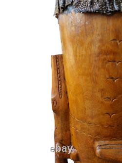 Vintage Papua New Guinea Carved Wooden Drum with Lizard Skin