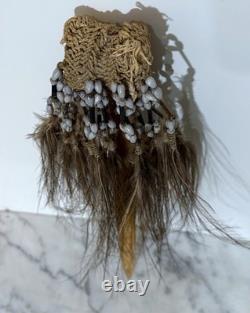 Vintage Papua New Guinea Ceremonial Staff / Dagger With Bone, Beads & Feathers