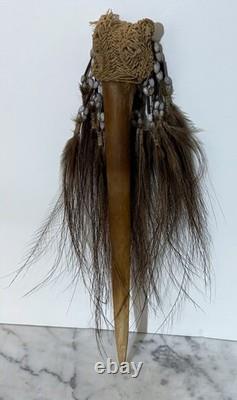 Vintage Papua New Guinea Ceremonial Staff / Dagger With Bone, Beads & Feathers