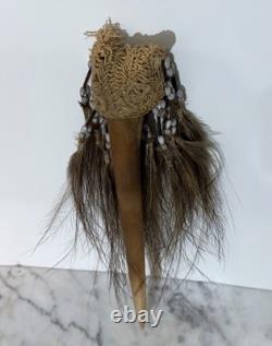 Vintage Papua New Guinea Ceremonial Staff / Dagger With Bone, Beads & Feathers