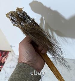 Vintage Papua New Guinea Ceremonial Staff / Dagger With Bone, Beads & Feathers