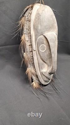 Vintage Papua New Guinea Sepik River Mask Wood Woven Rattan Feathers Tribal Art