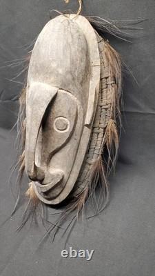 Vintage Papua New Guinea Sepik River Mask Wood Woven Rattan Feathers Tribal Art