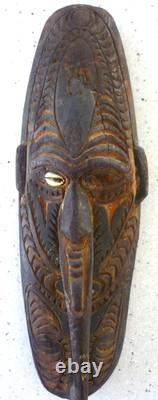 Vintage Papua New Guinea Sepik River Wooden Tribal Spirit Mask Cowrie Shell 12