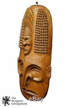 Vintage Papua New Guinea Tribal Hand Carved Mask Primitive Cowrie Shell Eyes 18