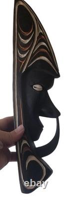 Vintage Papua New Guinea Tribal Hand-Carved Wooden Mask With Cowrie Shell Eyes A