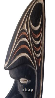 Vintage Papua New Guinea Tribal Hand-Carved Wooden Mask With Cowrie Shell Eyes A