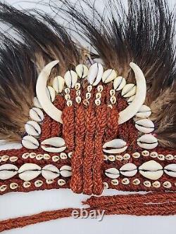 Vintage Papua New Guinea Tribal Headband Feathers Tusks Shells Polynesian Art