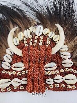 Vintage Papua New Guinea Tribal Headband Feathers Tusks Shells Polynesian Art