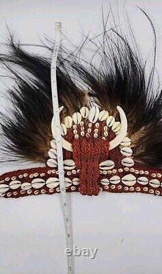 Vintage Papua New Guinea Tribal Headband Feathers Tusks Shells Polynesian Art