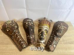 Vintage Papua New Guinea Tribal Masks (x4) 1974 Inscription Hand-Carved Palm