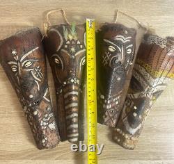 Vintage Papua New Guinea Tribal Masks (x4) 1974 Inscription Hand-Carved Palm