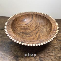 Vintage Trobriand Carved Wood Bowl Mother of Pearl Papua New Guinea 26cm