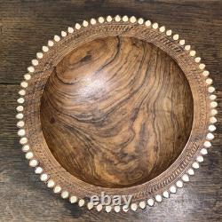 Vintage Trobriand Carved Wood Bowl Mother of Pearl Papua New Guinea 26cm