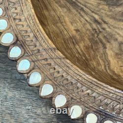 Vintage Trobriand Carved Wood Bowl Mother of Pearl Papua New Guinea 26cm