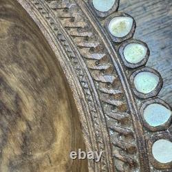 Vintage Trobriand Carved Wood Bowl Mother of Pearl Papua New Guinea 26cm