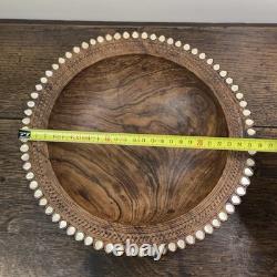 Vintage Trobriand Carved Wood Bowl Mother of Pearl Papua New Guinea 26cm