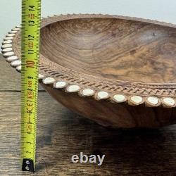 Vintage Trobriand Carved Wood Bowl Mother of Pearl Papua New Guinea 26cm