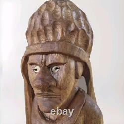 Vtg Hand Carved Wood Pacific Island Statue Figurine Papua New Guinea Shell Eyes