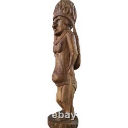 Vtg Hand Carved Wood Pacific Island Statue Figurine Papua New Guinea Shell Eyes
