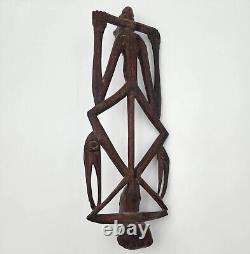 Wood Sculpture Two Figures Squatting Position Tribal Papua New Guinea 8x22