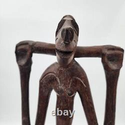 Wood Sculpture Two Figures Squatting Position Tribal Papua New Guinea 8x22