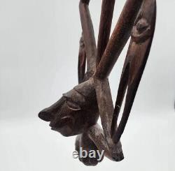 Wood Sculpture Two Figures Squatting Position Tribal Papua New Guinea 8x22