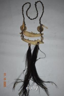 Wow! Papua New Guinea Ritual Jaw Bone, Feather Necklace, 26 Overall 1900s